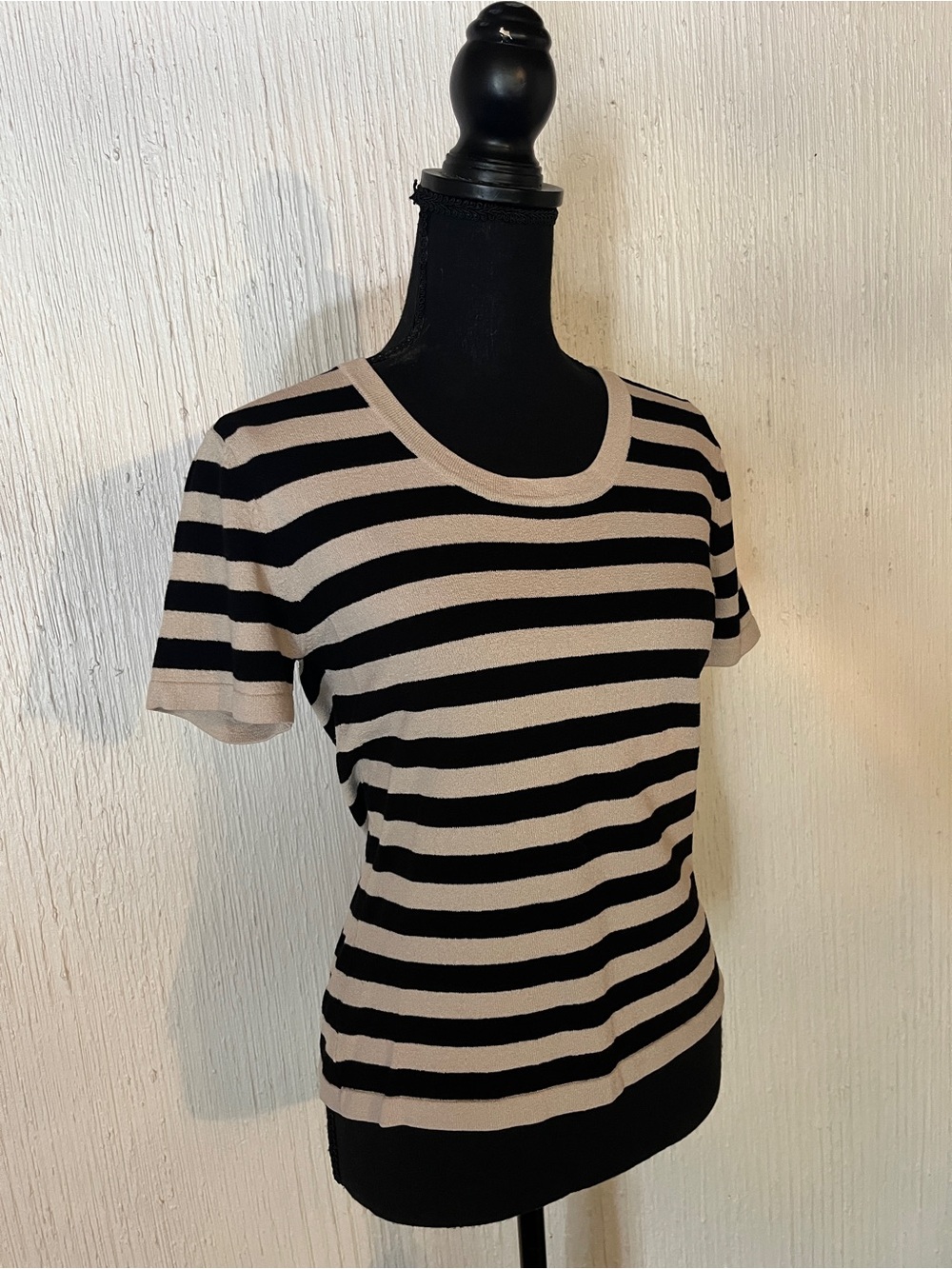 Geoffrey Beene Black and Beige Striped Short-Sleeve Top